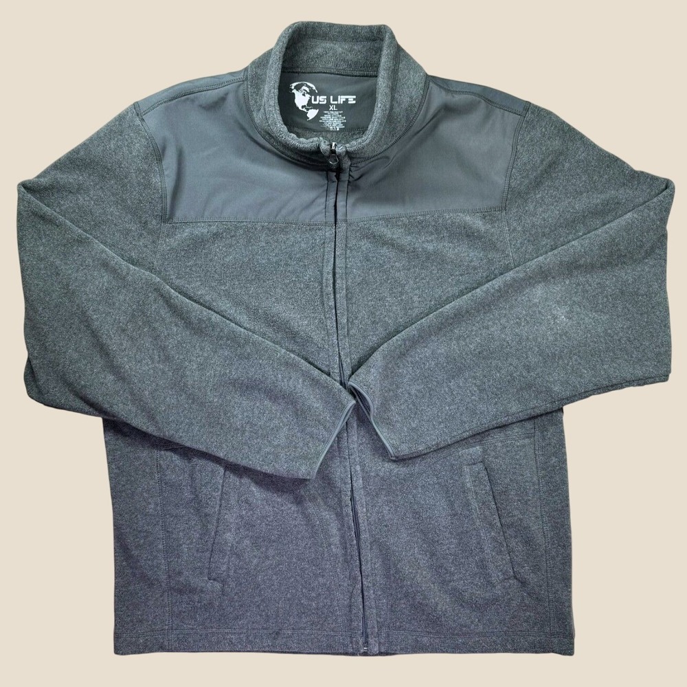 US Life Fleece Jacket Mens XL Gray Full Zip Mock Neck Colorblock Hiking Pockets